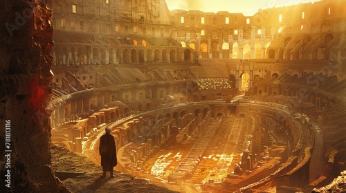 The Colosseums arena, bathed in sunlight, beckons a gladiator to his fate
