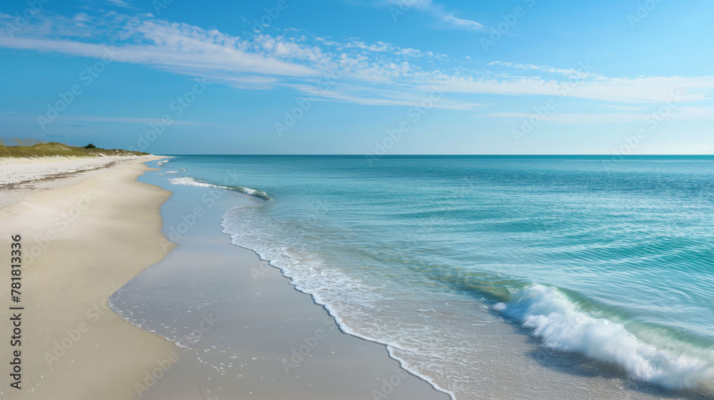 Peaceful white sandy beach with soft waves under a clear blue sky, invoking a sense of calm and serenity