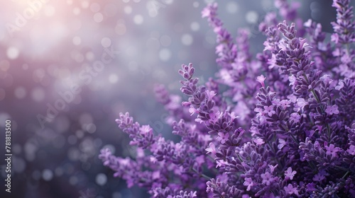   A tight shot of various purple blooms with soft focus, lit from above by radiant beams