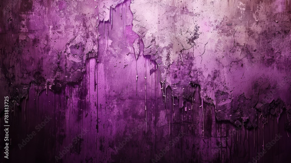   A grungy purple wall, splattered with paint, hosts a black feline perched atop