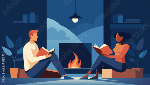 A man and a woman sitting in front of the fireplace carefully flipping through the pages of a book as they discuss and analyze the characters