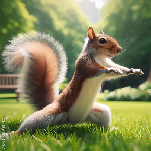 Cute Squirrel Dancing Exercise Yoga in the Park Green Field,  AI-Generated	  