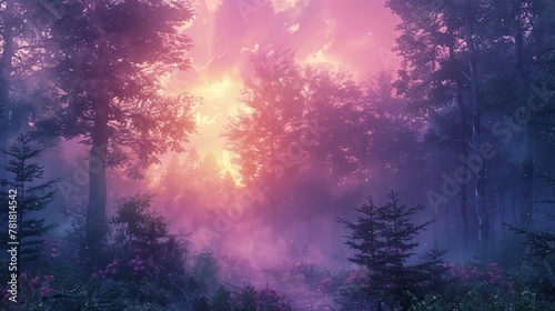 Morning mist cloaks the forest in gradients of gentle awakening