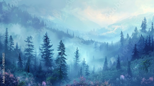 Morning mist cloaks the forest in gradients of gentle awakening © Seksan