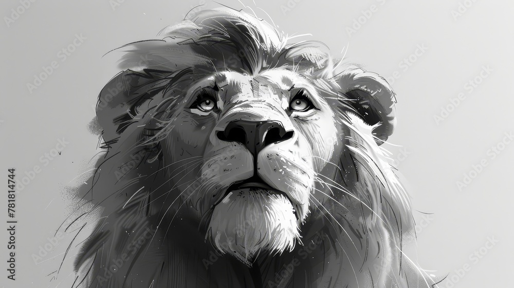   A black-and-white image of a lion's face, eyes fixated, gazing directly ahead