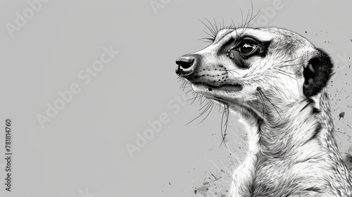  A meerkat in black and white, gazing sideways with a tilted head