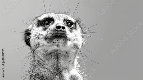  A meerkat in black and white, gazing up at the camera with an open mouth and wide-open eyes