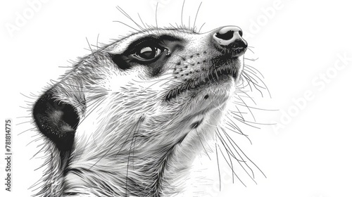   A black-and-white drawing of a dog's head gazing upward, eyes wideopen photo