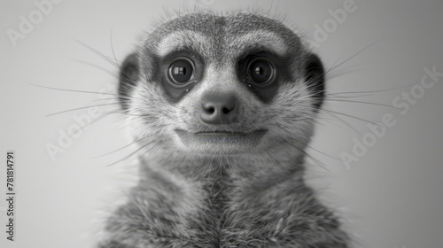  A meerkat in black and white, gazing sadly into the camera