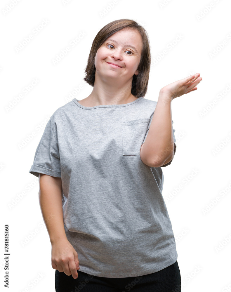 Young adult woman with down syndrome over isolated background smiling cheerful presenting and pointing with palm of hand looking at the camera. Young adult woman with down syndrome over isolated background smiling cheerful presenting and pointing with palm of hand looking at the camera.