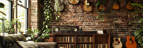 Modern Home Music Room with Wooden Interior Design, Stylish and Vintage Audio Equipment, Cozy and Creative Space for Listening and Relaxation