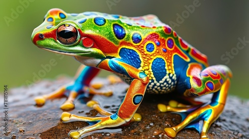  A vibrant frog perched atop a painted wooden plank, speckled with paint droplets on its frame