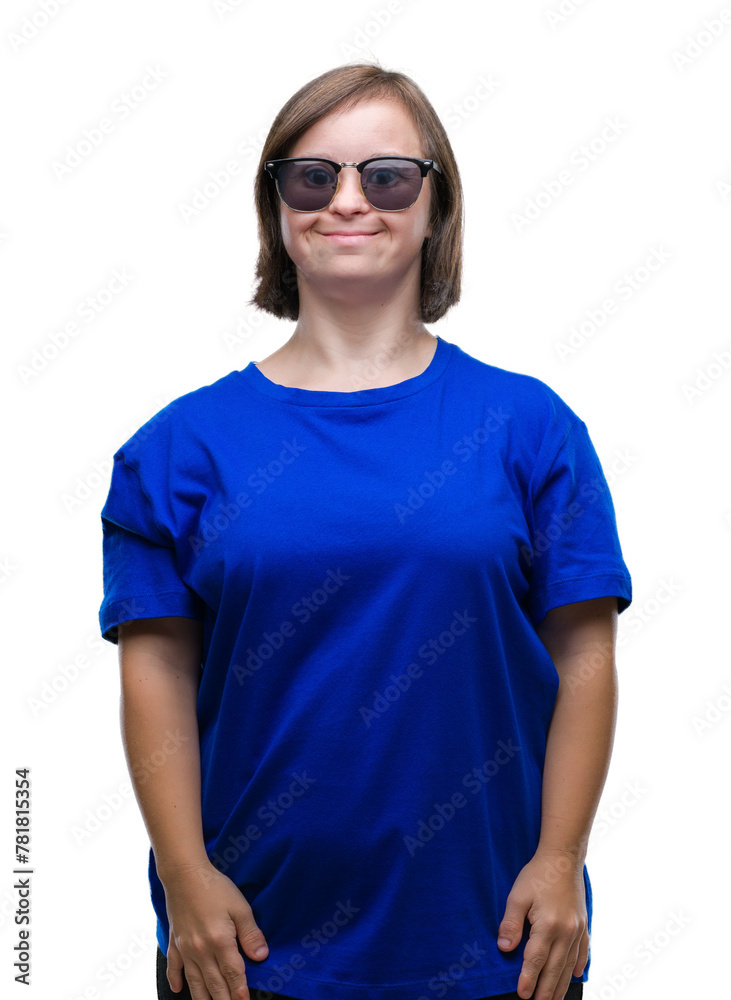Φωτογραφία Young adult woman with down syndrome wearing sunglasses over isolated background with a happy and cool smile on face