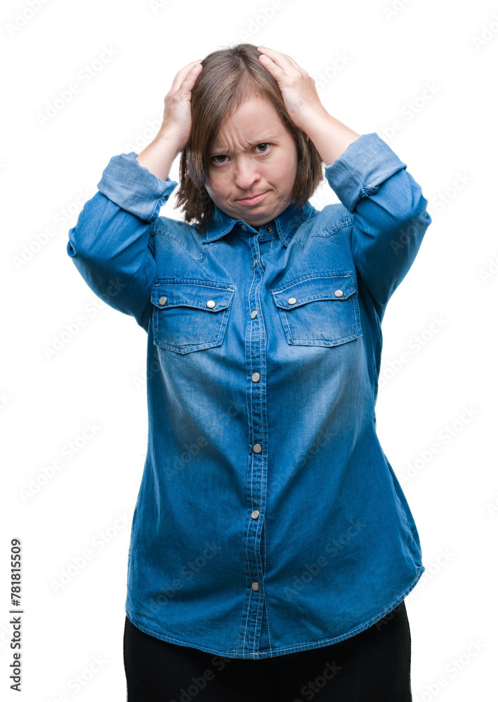 Young adult woman with down syndrome over isolated background suffering from headache desperate and stressed because pain and migraine. Hands on head. Young adult woman with down syndrome over isolated background suffering from headache desperate and stressed because pain and migraine. Hands on head.