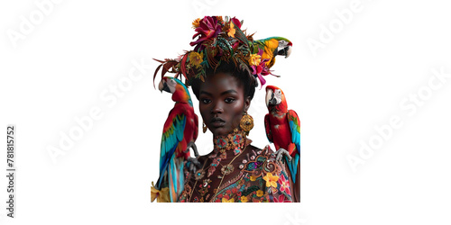  beautiful black woman with exotic birds and flowers in her hair on white background
