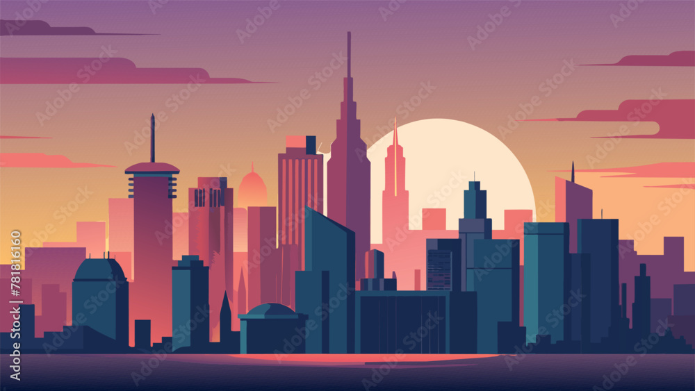 The citys iconic skyline is captured at the perfect moment just as the sun is setting and the chaos of the workday is dying down. The
