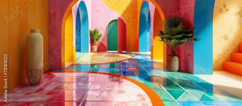 Interior design of a hall in the style of Brazilian architecture with bright colorful abstract tiles on the floor. --ar 16:7 Job ID: cd42f28c-c0ec-4fa0-a8c4-2edd7e3f34be