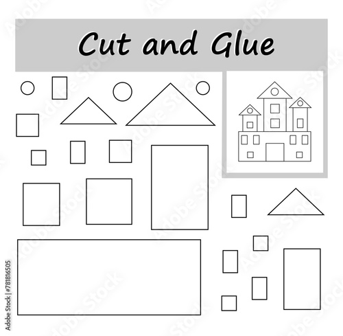 DIY worksheet. Color, cut parts of the image and glue on the paper. Illustration of cartoon castle.