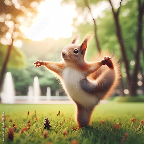 Cute Squirrel Dancing Exercise Yoga in the Park Green Field,  AI-Generated	  
