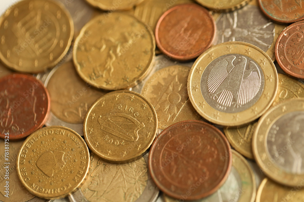 European money euro coins. Shiny coins of European union currency close up European money euro coins. Shiny coins of European union currency close up