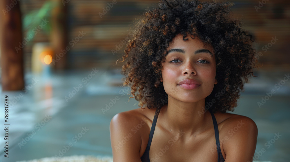 happy african american woman with a curly afro hairstyle in a gym relaxing after pilates workout. happy african american woman with a curly afro hairstyle in a gym relaxing after pilates workout.