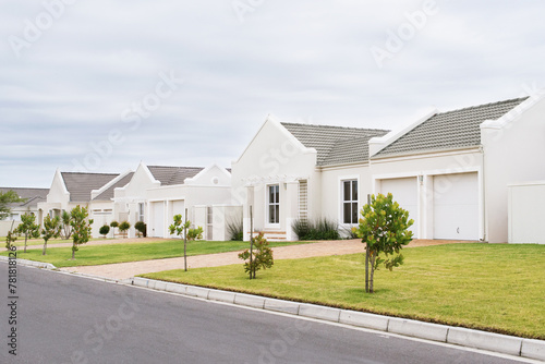 Street, house and houses in neighborhood, community or residential area in Dallas, Texas in USA. Background, property development or suburban homes for investment project or society in quiet town