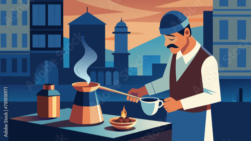 In the bustling streets of a city a street vendor uses a traditional Turkish cezve to prepare their popular Turkish coffee. The small copper