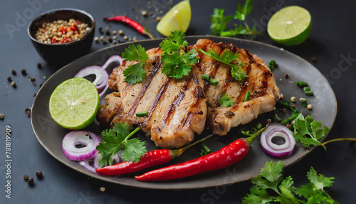 Grilled pork chops with coriander, peppers, onions and lemon.