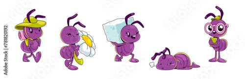 Cute purple ant cartoon character in different poses. Comic vector set of insect tourist with backpack, tired or sad laying, carrying sugar cube and daisy flower, smart student with book in glasses.