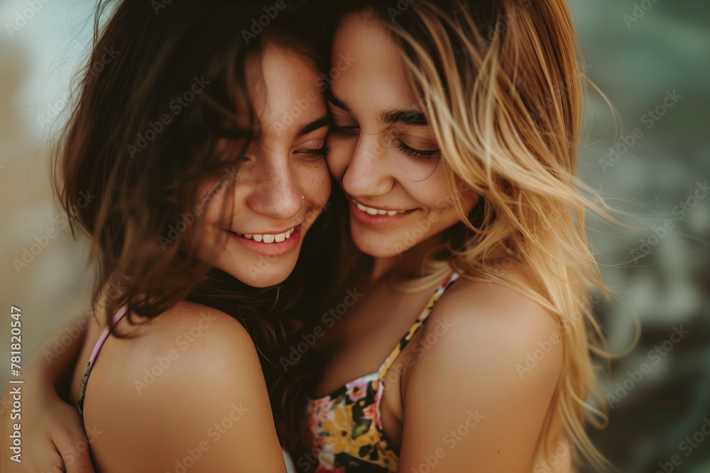 Two women are hugging each other on a beach