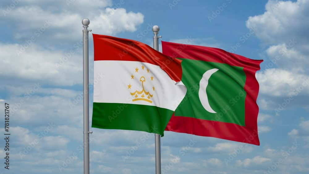 Maldives and Tajikistan two flags waving together, looped video, two country relations concept Maldives and Tajikistan two flags waving together, looped video, two country relations concept