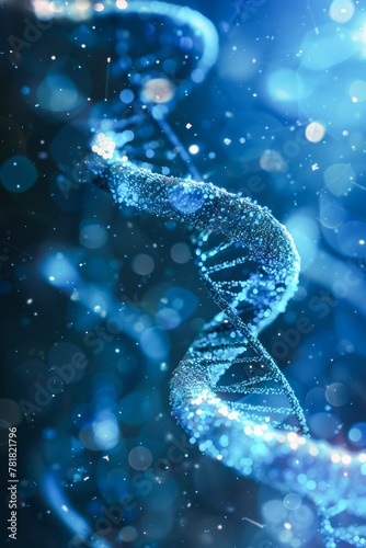Detailed View of a DNA Helix in a Blue Hued Microscopic Simulation
