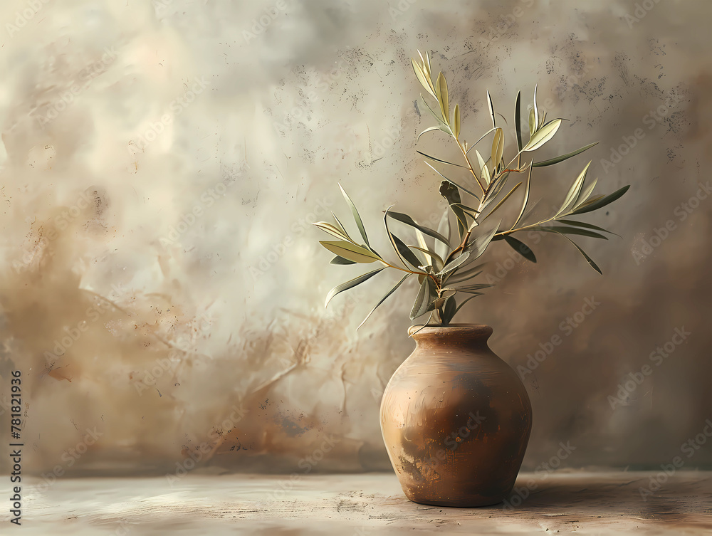 Oil Painting Olive Branch in Vessel Wall Art, vintage Canvas, generated ai Oil Painting Olive Branch in Vessel Wall Art, vintage Canvas, generated ai