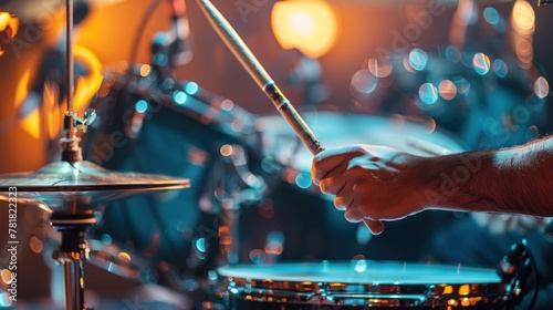 A man is playing drums with a drumstick photo
