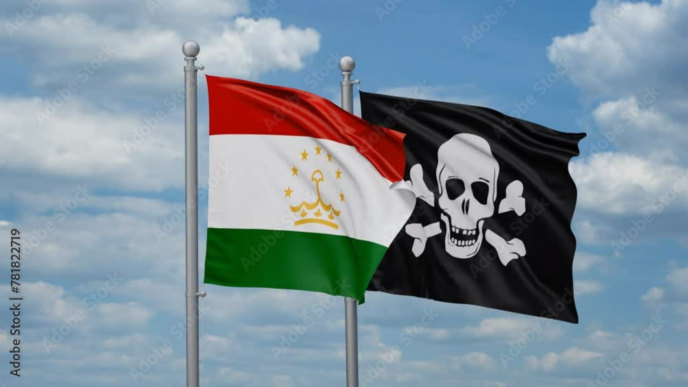 Tajikistan and Jolly Roger or pirate two flags waving together, looped video Tajikistan and Jolly Roger or pirate two flags waving together, looped video
