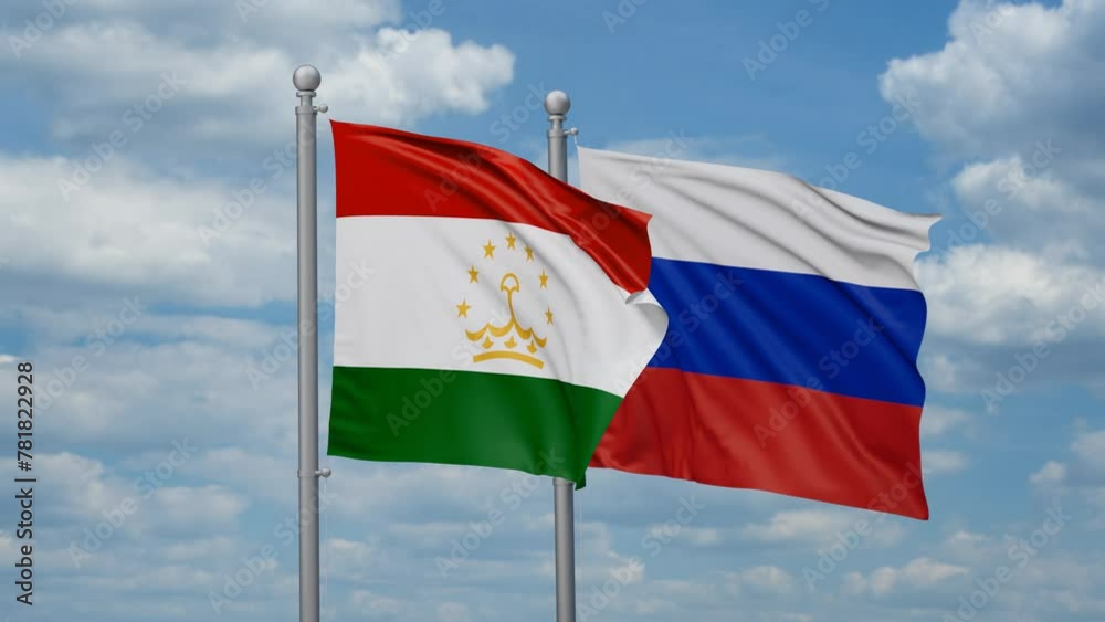 Russian Federation and Tajikistan two flags waving together, looped video Russian Federation and Tajikistan two flags waving together, looped video