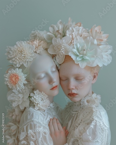 Two pale figures adorned with intricate floral headpieces pose serenely in a surreal and artistic portrait