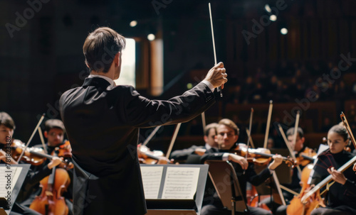 Conductor leading his symphony in a musical performance