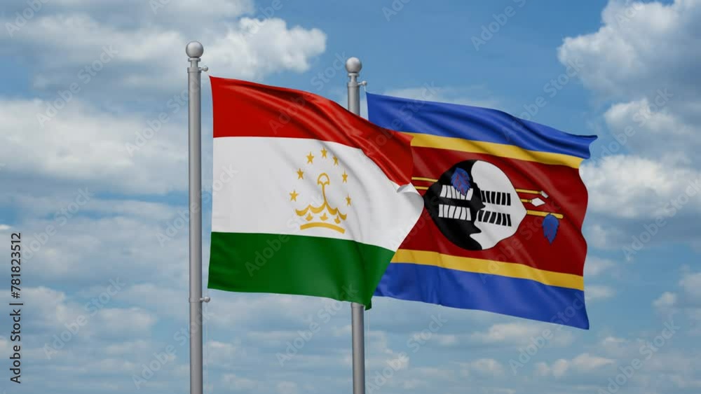 Eswatini aka Swaziland and Tajikistan two flags waving together, looped video, two country cooperation concept