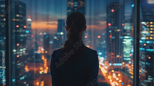 A businesswoman in her office looking out the window at a night view of the city and skyscrapers, symbolizing success and modern business style. Generative AI.