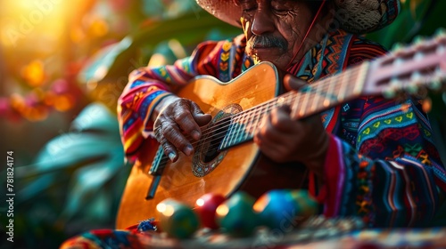 Photo of a person in traditional attire, playing a guitar with passion, a sombrero tilted on their head, maracas lying on a nearby table