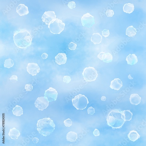 青い海を背景にした気泡の模様。幻想的な水彩風イラスト。