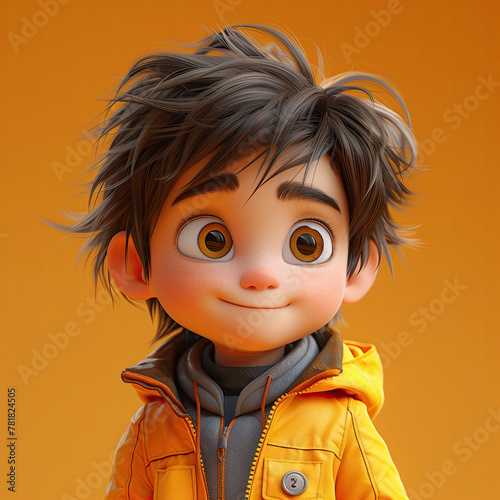 Animated character 3D image of a dark-haired teenager with tousled hair, brown big eyes, wearing a yellow jacket