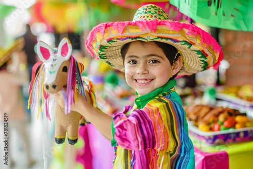  child holding a mini horse piata at a Cinco de Mayo fiesta, wearing a sombrero  photo