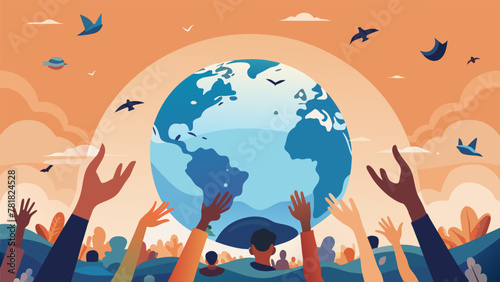 A visual depiction of the interconnectedness of our planet with dozens of hands reaching across an ocean to remove trash from a distant shore.