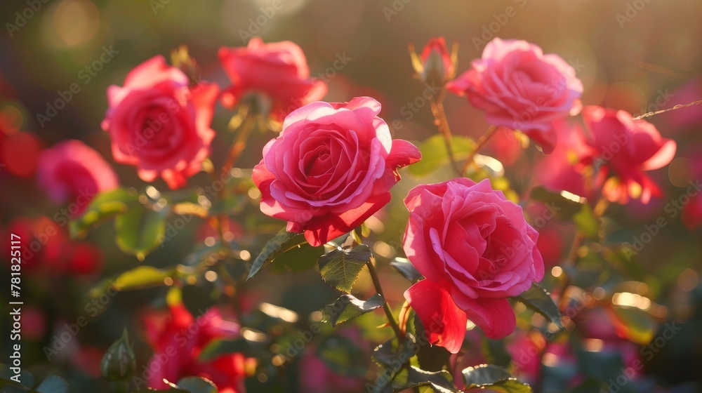 Glowing soft sunlight kisses the petals of vibrant pink roses in a graceful display of natural beauty Glowing soft sunlight kisses the petals of vibrant pink roses in a graceful display of natural beauty