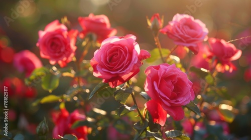 Glowing soft sunlight kisses the petals of vibrant pink roses in a graceful display of natural beauty