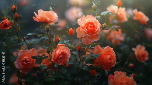 Delicate garden of blooming orange roses with a soft bokeh effect  highlighting the beauty of nature