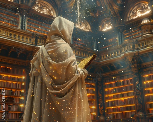 Ancient Librarian, Cosmic Robes, Wise and mysterious, Exploring the vast halls of a Galactic Library, Illuminated by distant stars, 3D Render, Golden Hour, Depth of Field Bokeh