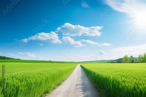 Scenic rural road winding through lush green fields under vast blue sky with fluffy white clouds